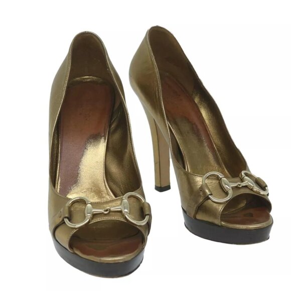 GUCCI High Heels Leather 37 Gold Tone Aut - Picture 1 of 16